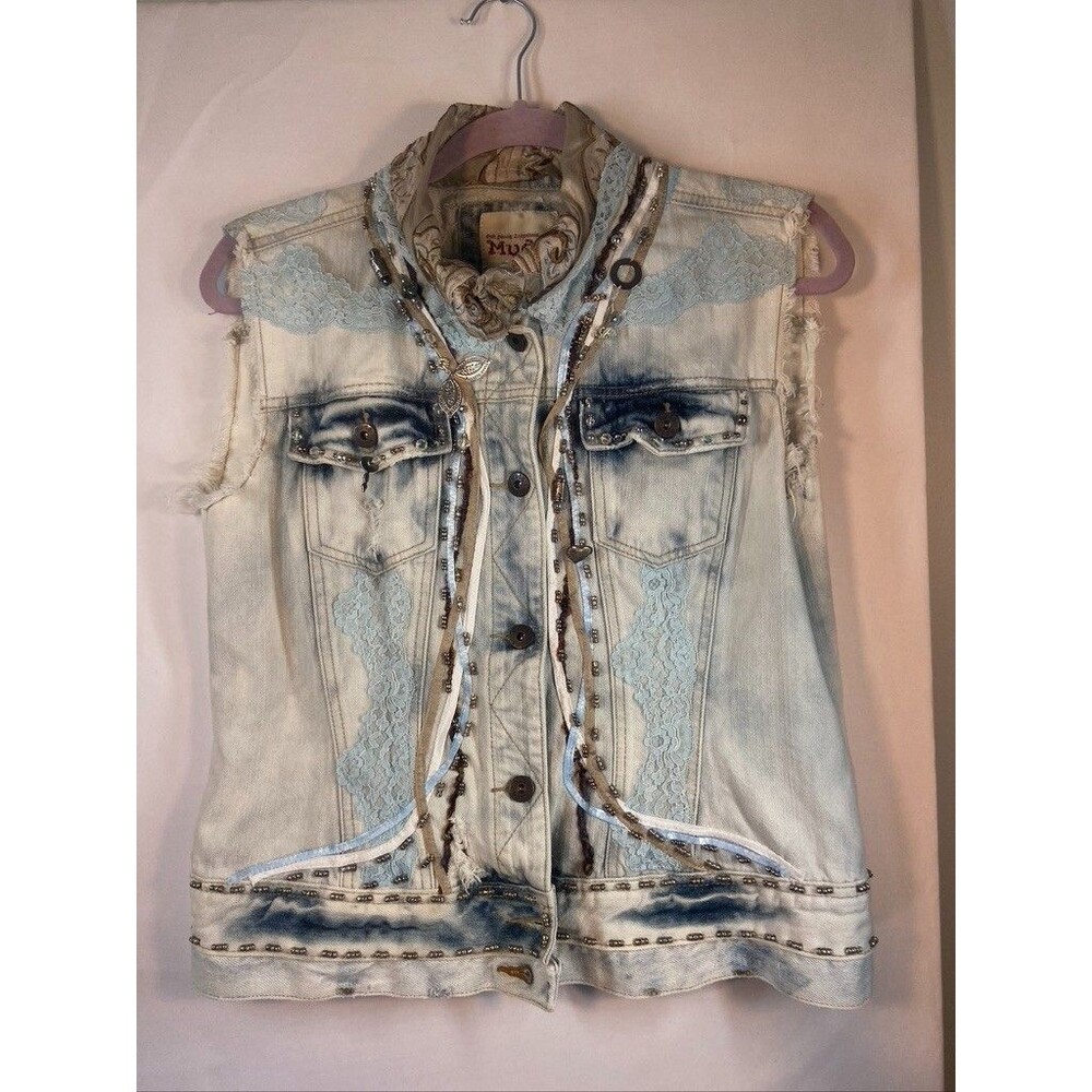 MUDD JUNIORS XLARGE DENIM VEST LACE SEQUINS BEADS BOHO HIPPIE HANDMADE